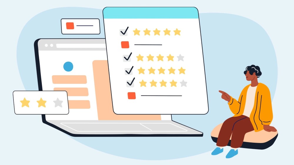 Illustration of online user ratings on laptop device to showcase trustworthy reviews concept