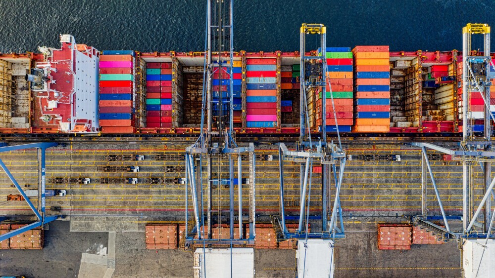 Top-view photography of cargo ship with intermodal containers