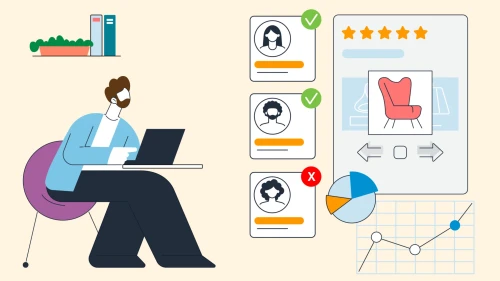 Illustration of person at desk working on concepts to combat fraudulent and fake product reviews