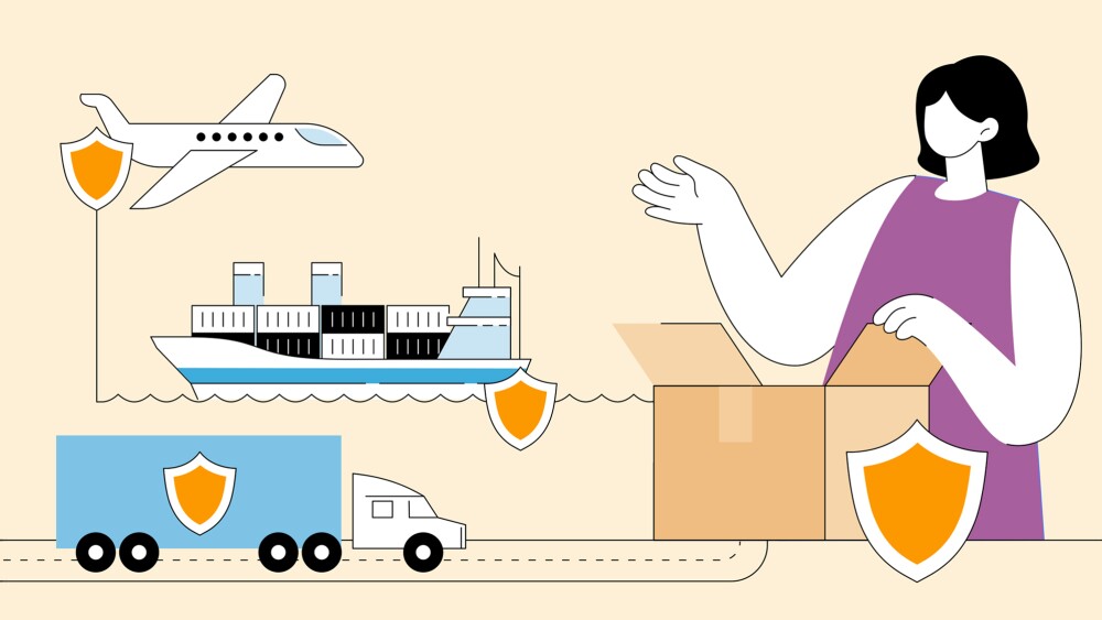 Illustration of person opening a box with delivery transportation methods in the background.