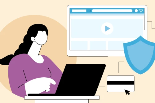Illustration of a character looking at laptop computer while online shopping to convey the importance of online security and protection against online scams
