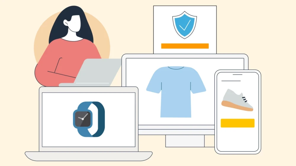 Illustration of person looking at laptop computer to showcase the concept of online shopping