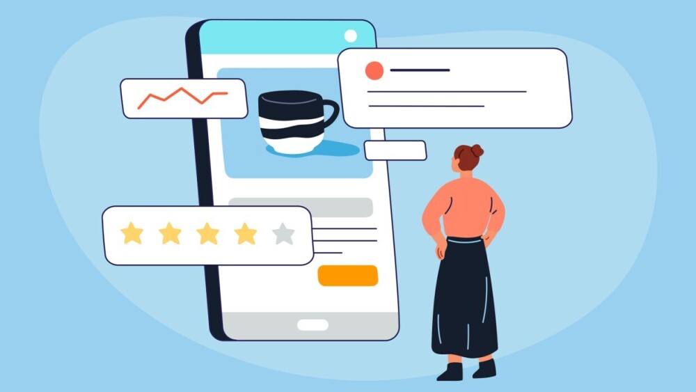 Graphic of person looking at ratings on a phone screen