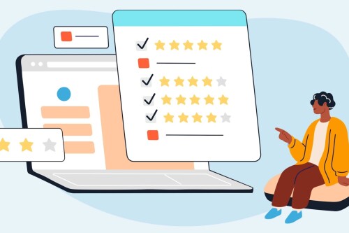 Illustration of online user ratings on laptop device to showcase trustworthy reviews concept