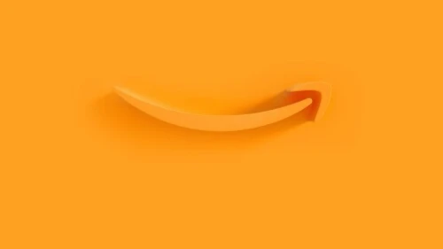 Amazon "smile" logo motif with yellow background