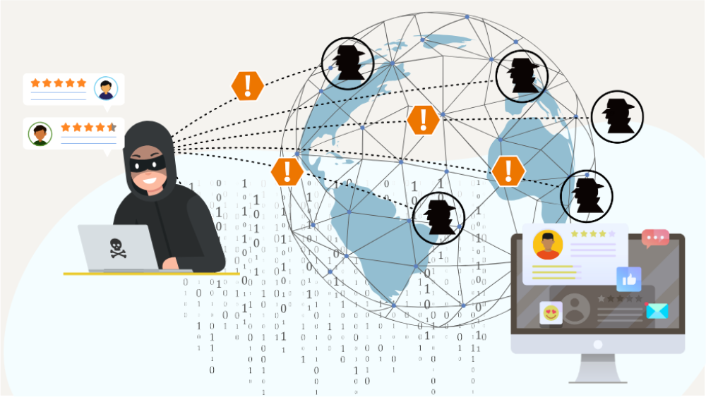 Illustration of fake review broker using laptop