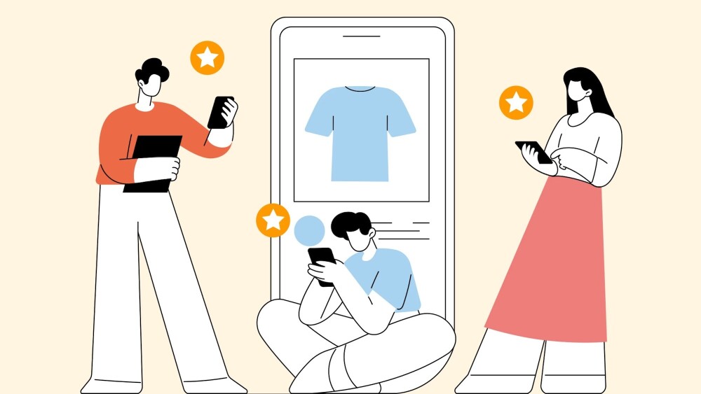 Illustration of users browsing online user reviews and ratings on mobile devices to showcase trustworthy reviews concept