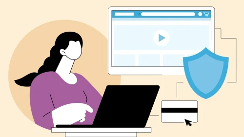 Illustration of a character looking at laptop computer while online shopping to convey the importance of online security and protection against online scams