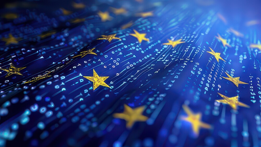 EU flag with stars over binary code